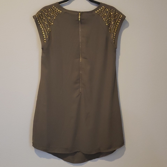 Army Green Shift Dress w/ Brass Studded Shoulders - Picture 2 of 7